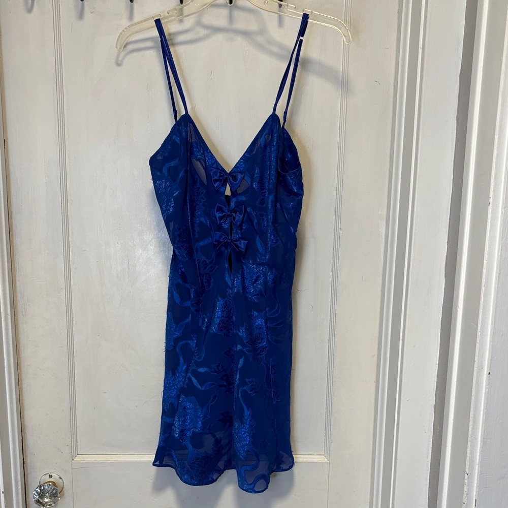 Vintage Frederick’s of Hollywood Blue Satin Floral Bow Slip Dress Medium